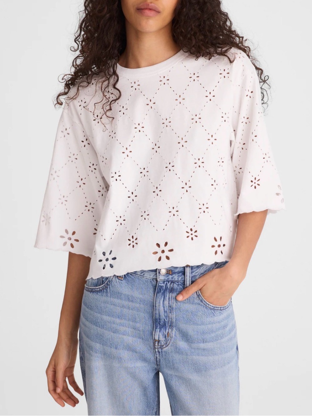 Madewell Embroidered Boxy Crop Tee S White Eyelet AllDay Jersey NWT $78